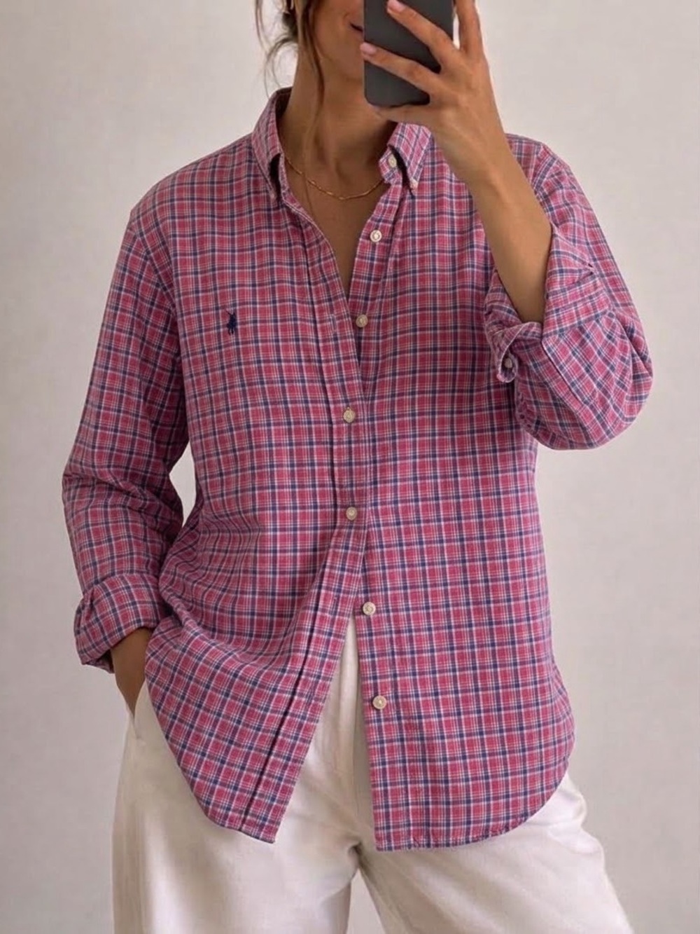 Ralph Lauren Oversized Button Down Shirt Size Medium Plaid Navy Women’s